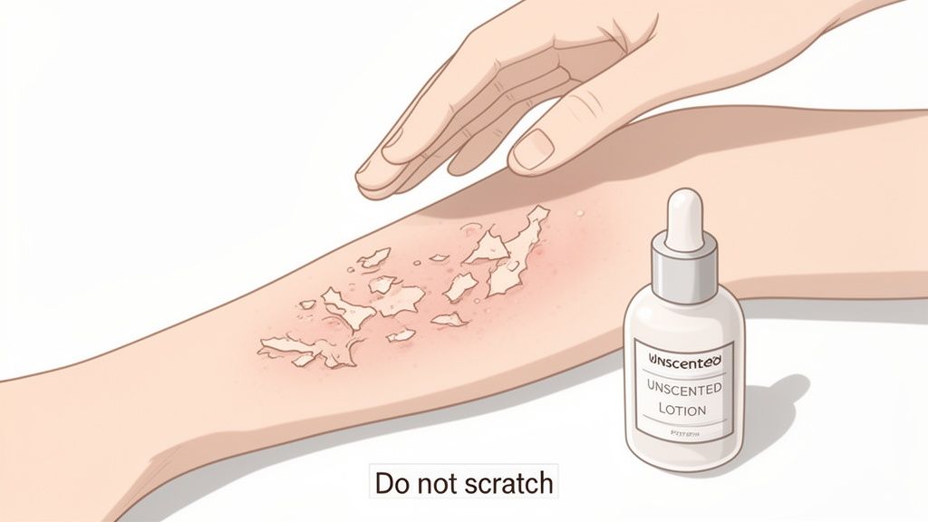 A hand gently approaches an arm with red, peeling skin, beside an unscented lotion bottle, with text 'Do not scratch'.