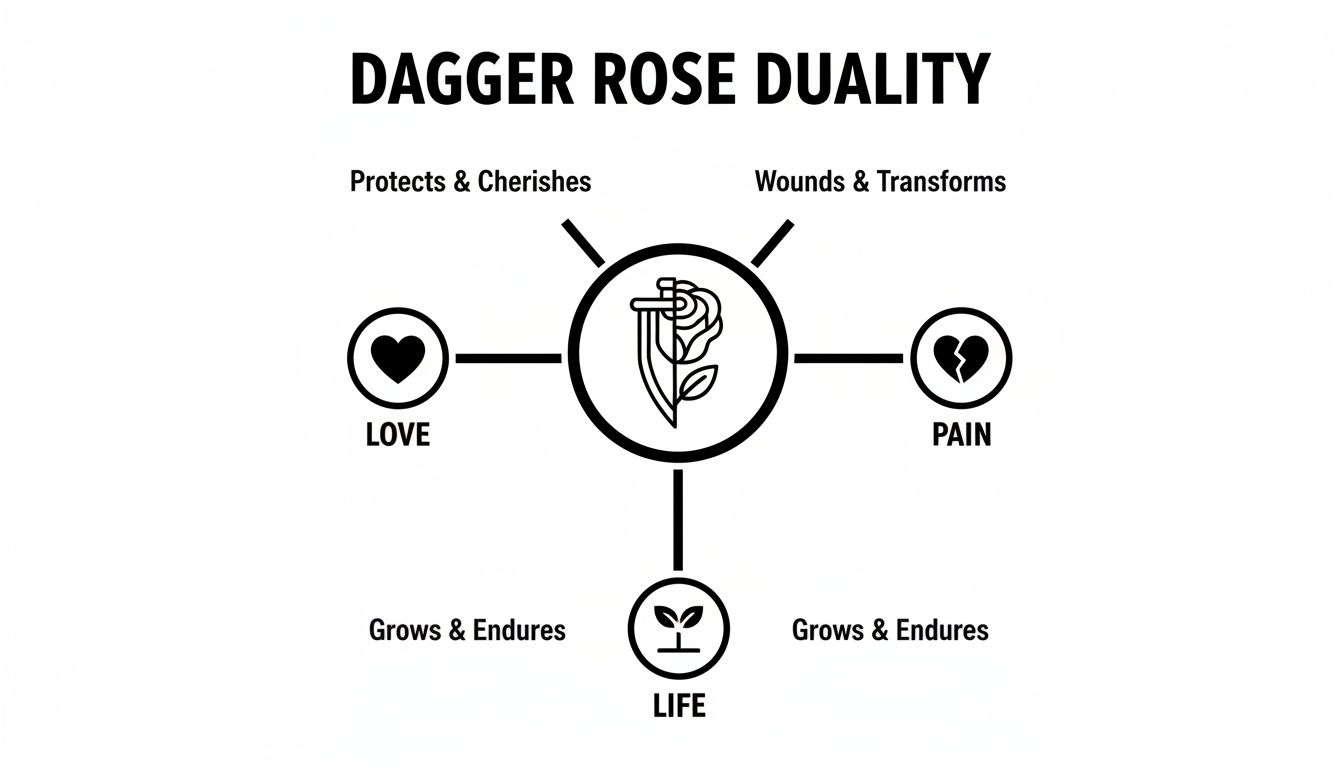 A diagram explaining Dagger Rose Duality, connecting it to love, pain, and life's growth.