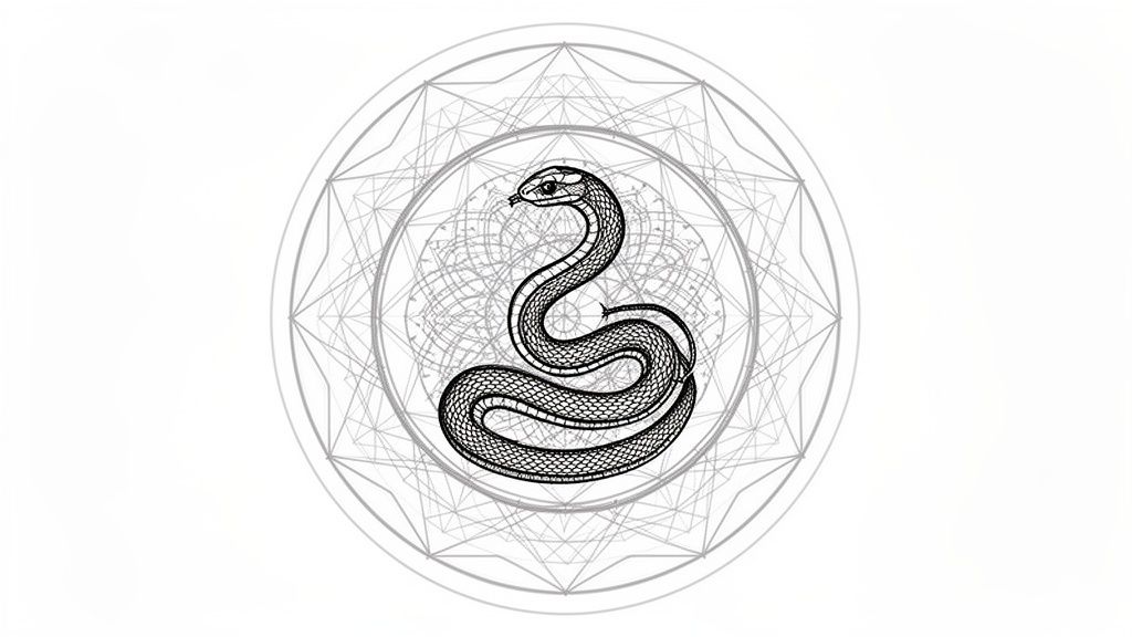 A black snake with detailed scales, coiled inside a complex grey geometric mandala design on a white background.