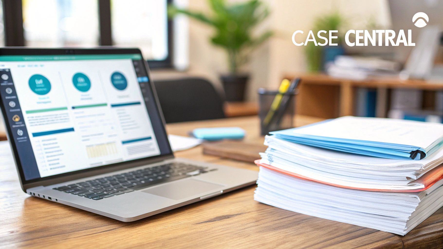 A laptop displaying case management software and a stack of files on a wooden office desk.