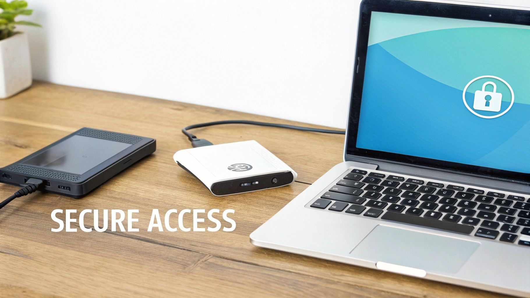 A laptop displaying a lock icon, connected to two external hard drives on a wooden desk, emphasizing secure access.