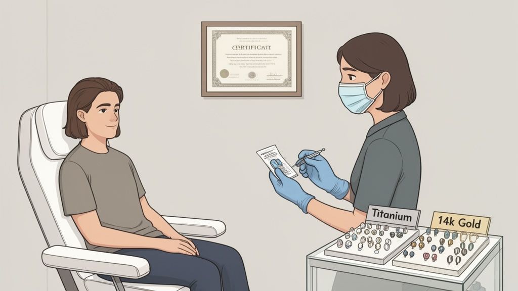 A piercer wearing a mask and gloves consults with a client, showing titanium and gold jewelry.