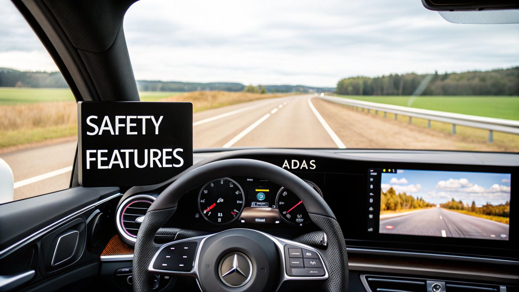 Interior view of a modern car on a highway, featuring a 'SAFETY FEATURES' sign and 'ADAS' display.