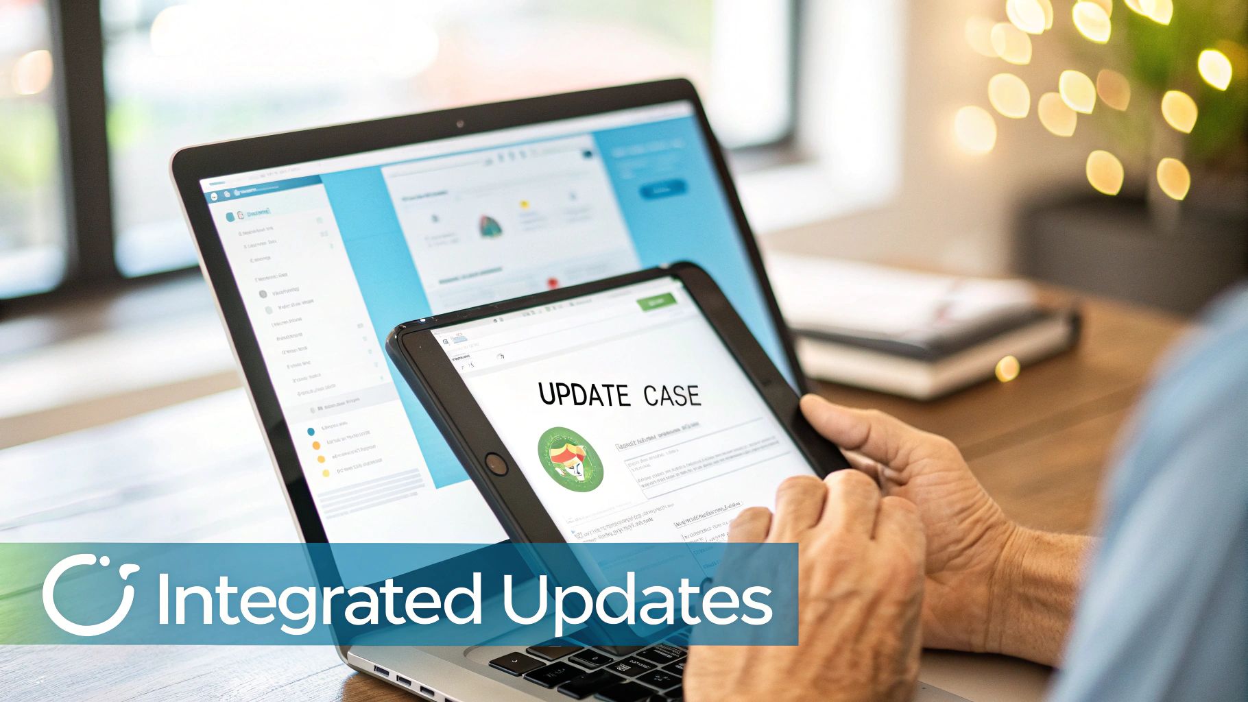 A person interacts with a tablet showing "UPDATE CASE" while a laptop displays a similar interface, representing integrated updates.