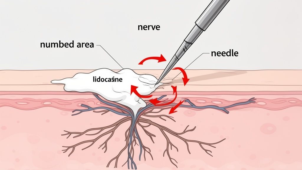 Diagram illustrating a needle injecting lidocaine near a nerve to create a numbed area in the skin.