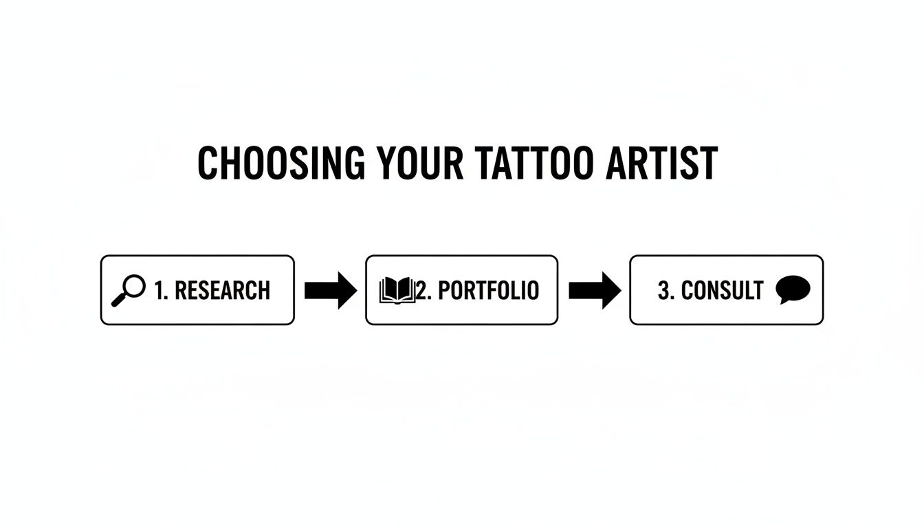 Flowchart illustrating the three steps to choosing a tattoo artist: 1. Research, 2. Portfolio, 3. Consult.