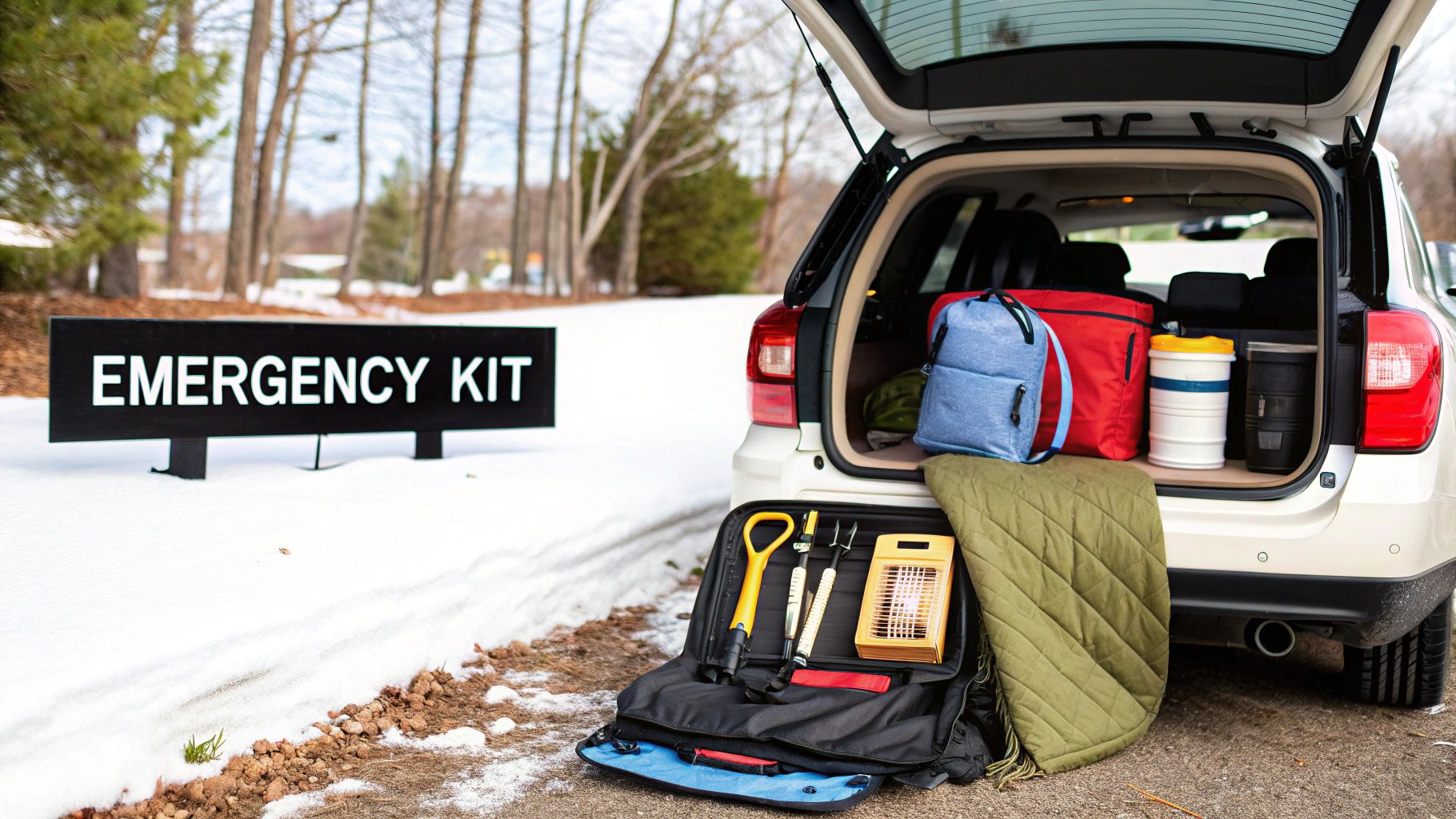An open car trunk filled with various emergency supplies next to a sign saying 'EMERGENCY KIT' in the snow.