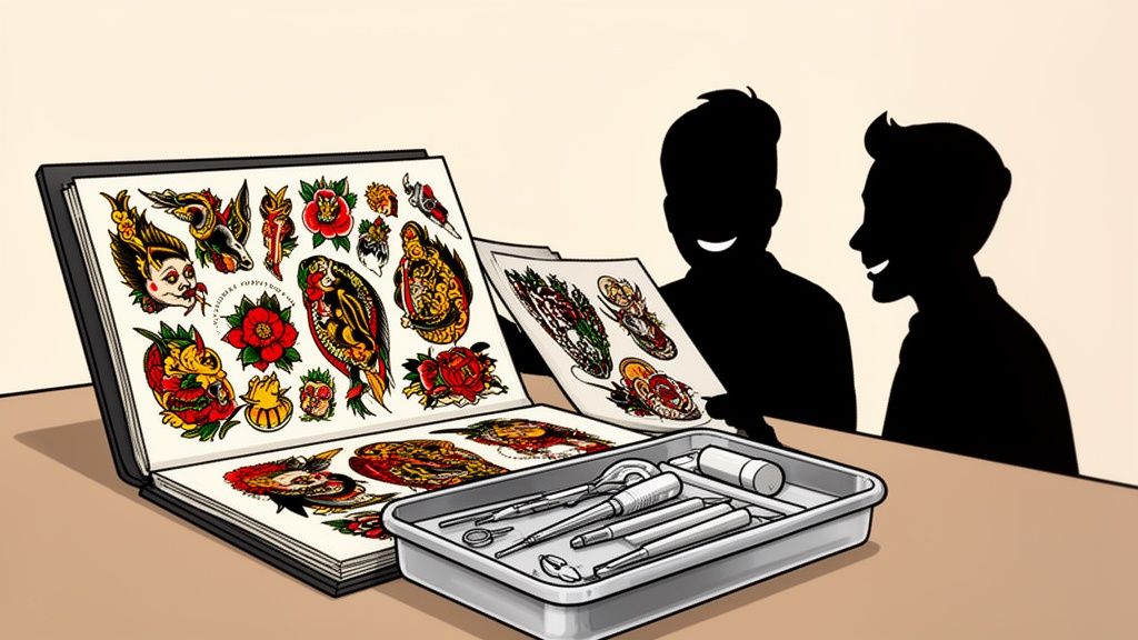 A book open to pages of vibrant traditional American tattoo flash designs, with tools and two silhouettes looking at more art.