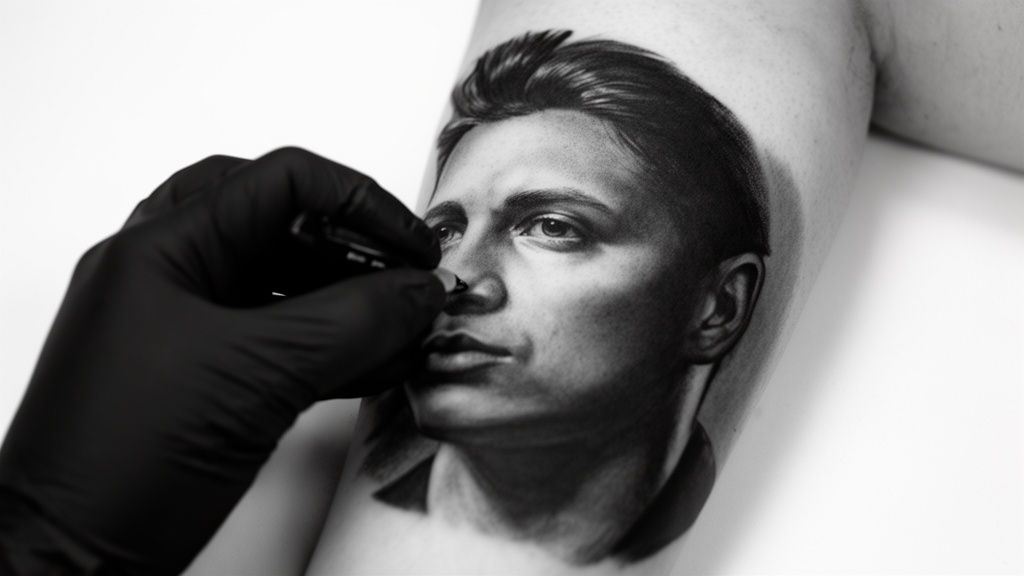 Gloved artist tattooing a detailed black and grey realism portrait of a man on an arm.