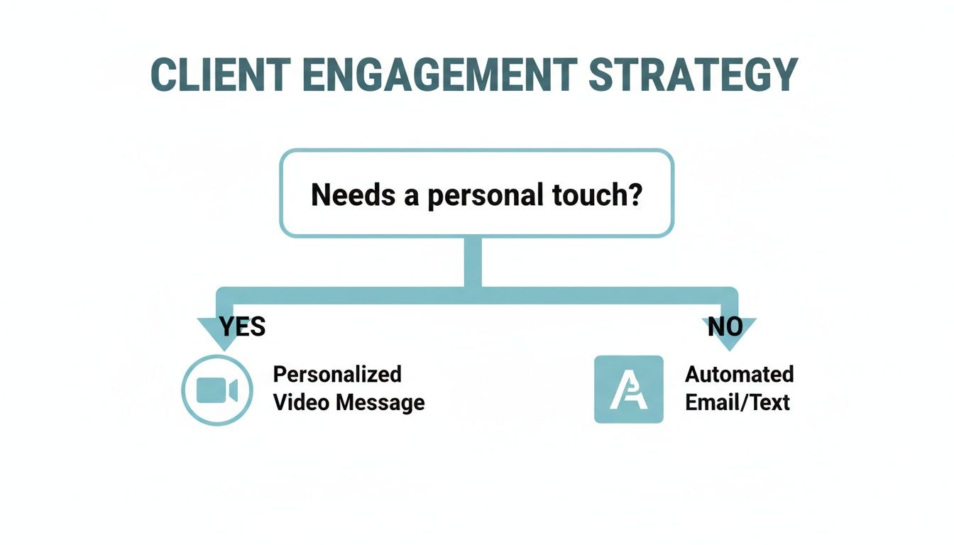 Flowchart for client engagement strategy: choose personalized video or automated email/text based on needs.