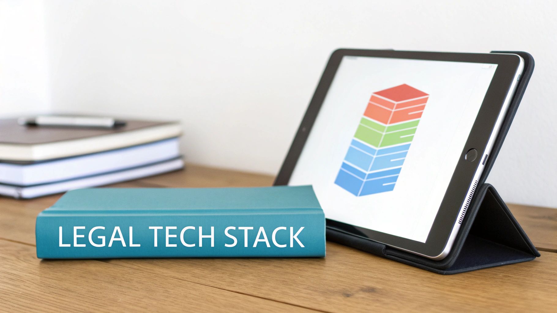 A teal book titled 'LEGAL TECH STACK' on a wooden desk, next to a tablet displaying a colorful bar chart.
