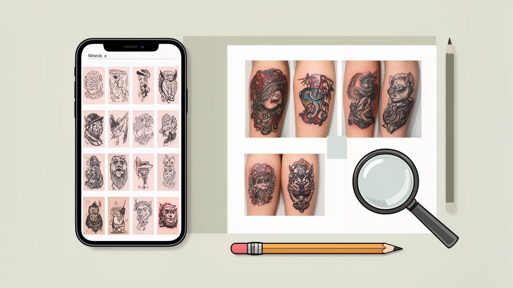 Smartphone displays various tattoo sketches, beside a paper with applied tattoos, pencils, and a magnifying glass.
