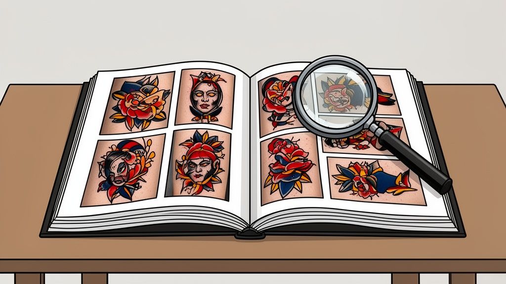 Open book showcasing numerous colorful traditional tattoo designs, with a magnifying glass examining one on a wooden table.