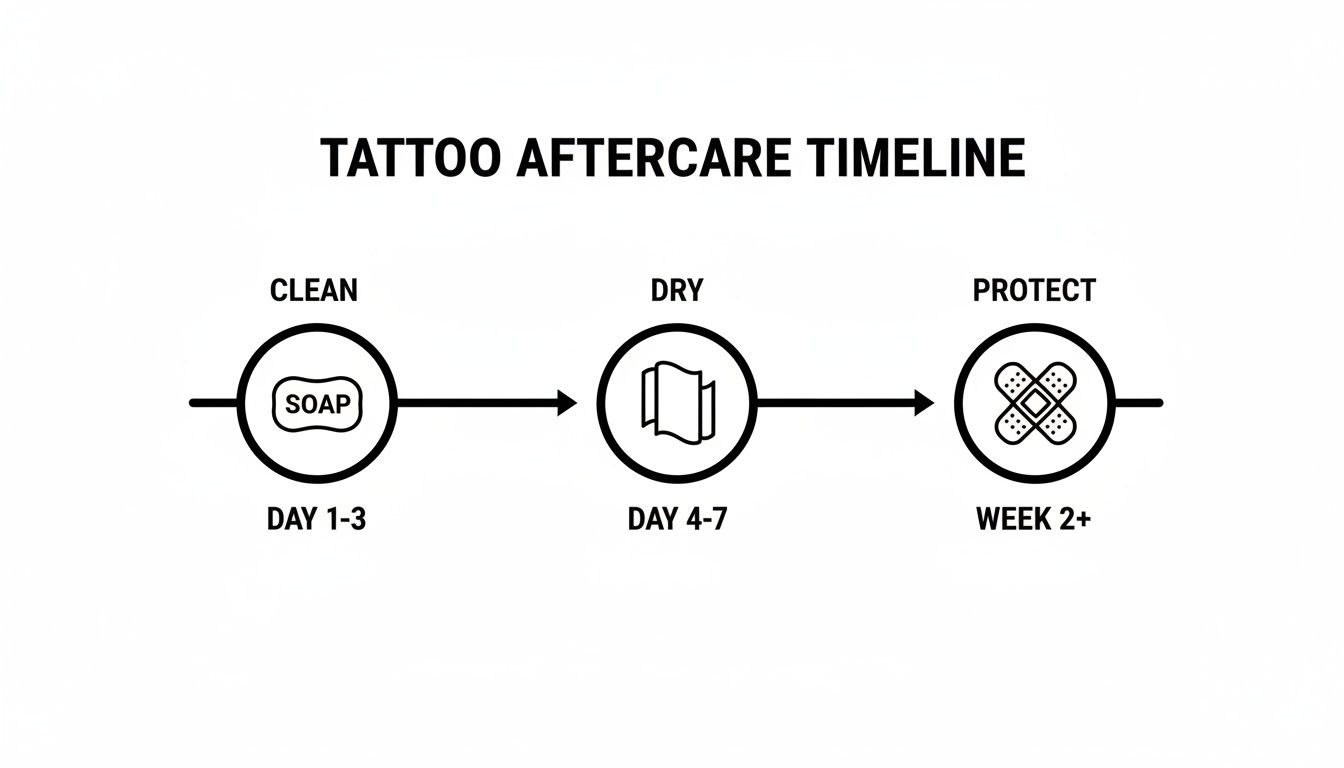 Tattoo aftercare timeline showing clean (days 1-3), dry (days 4-7), and protect (week 2+) steps.