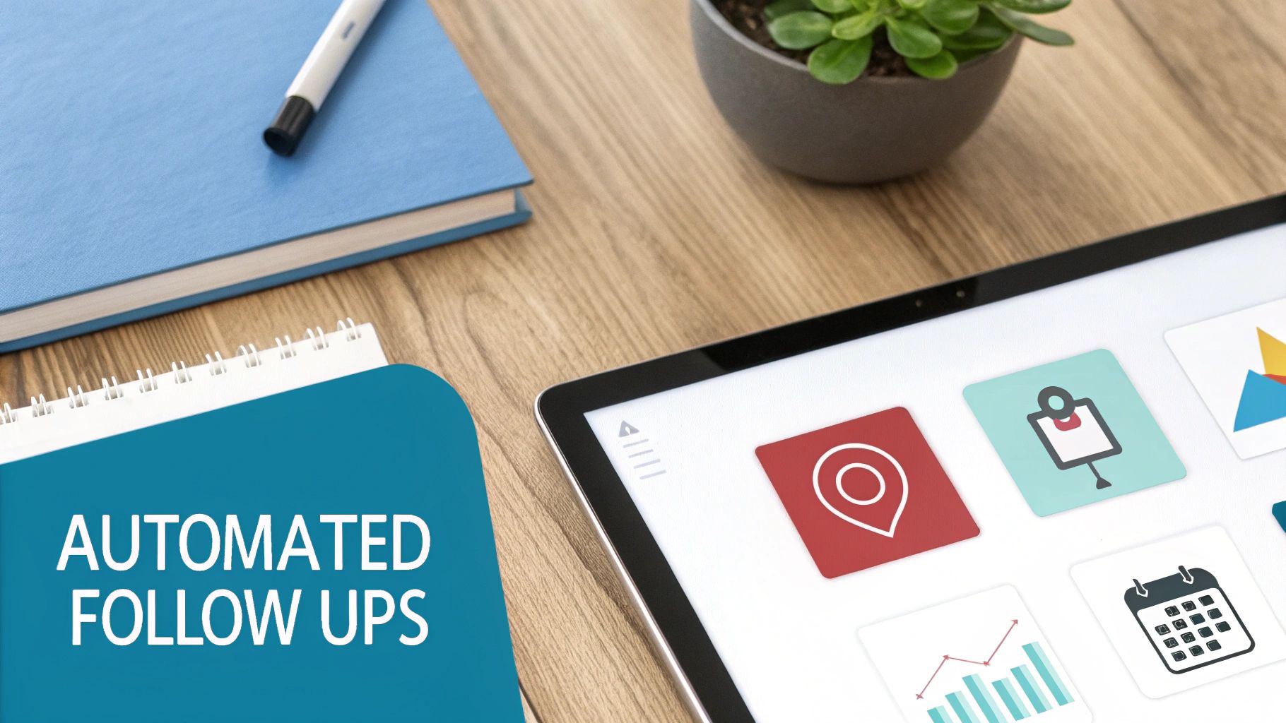 Desk with a blue notebook, plant, and tablet showing app icons, alongside 'AUTOMATED FOLLOW UPS' text.