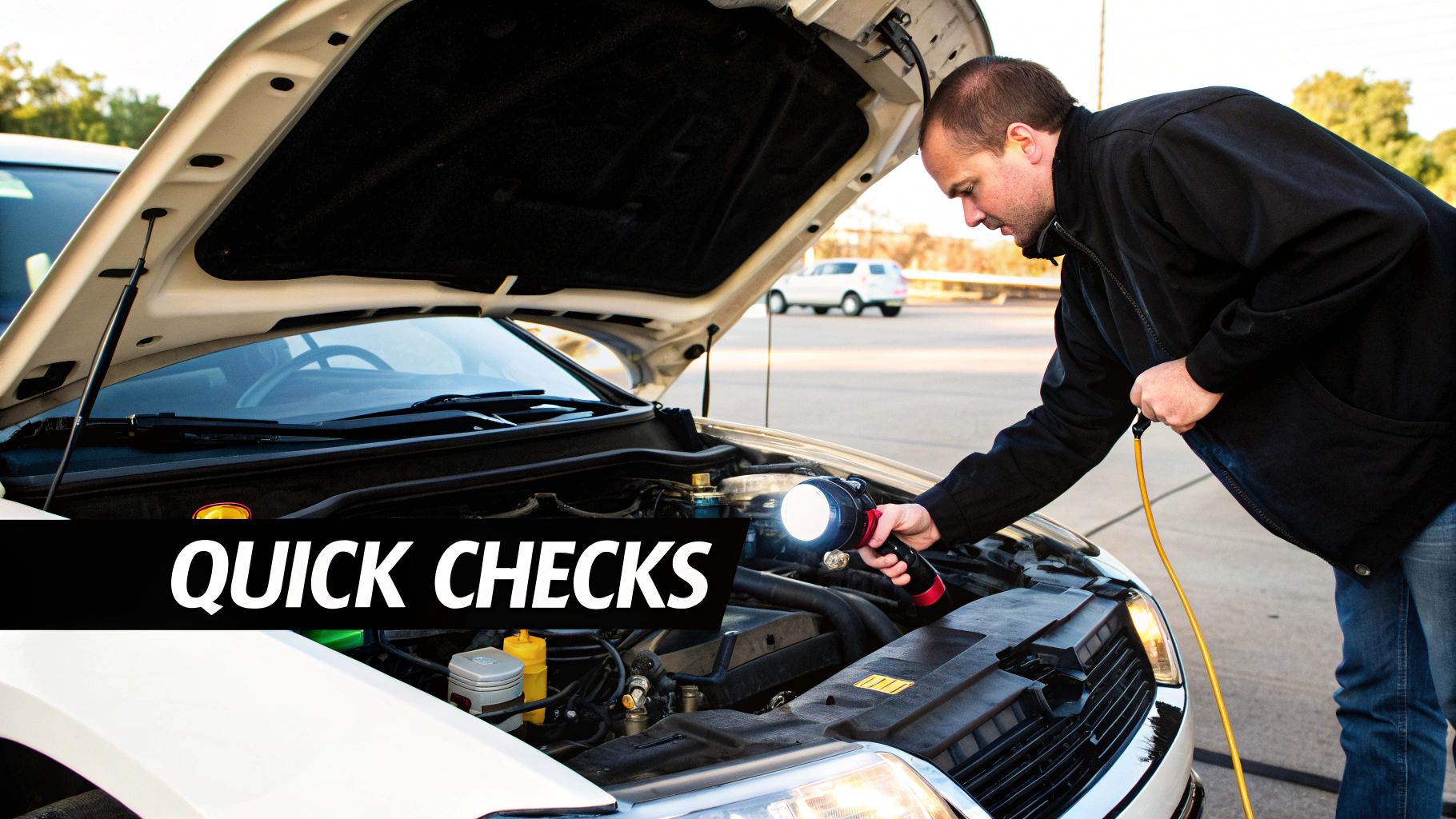 A man using a flashlight to inspect a car engine under the open hood during a quick check.