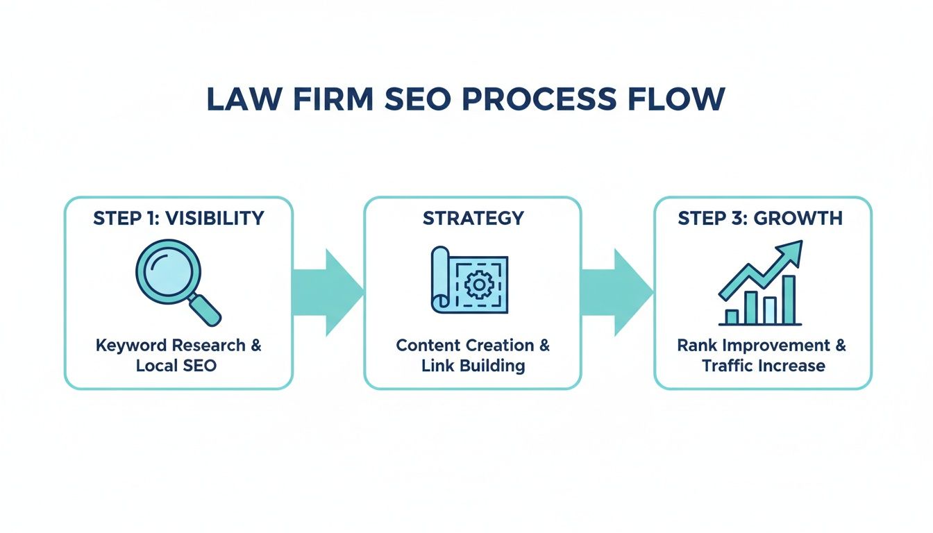 Flowchart outlining the three-step SEO process for law firms: Visibility, Strategy, and Growth, with specific actions for each.