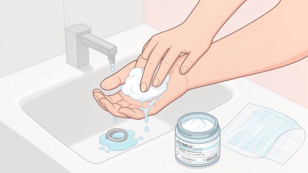 Hands washing with soap and water in a sink, with a ring, cream, and patches nearby.