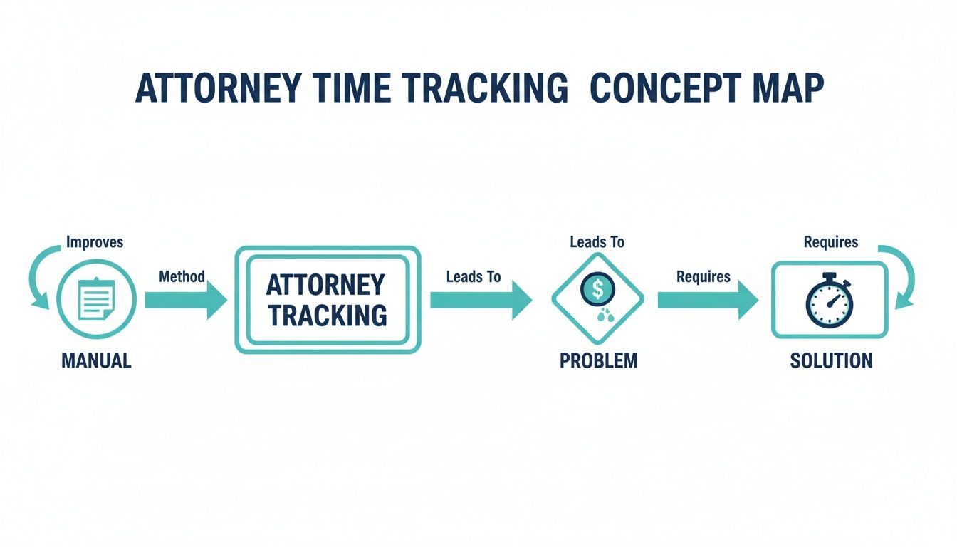 A concept map illustrating attorney time tracking from manual methods to a solution addressing financial problems.