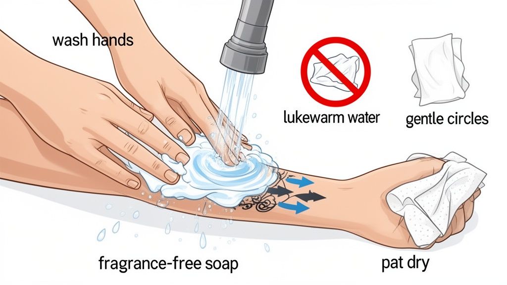 A person washes a new tattoo on their forearm with fragrance-free soap and lukewarm water, then pats it dry.