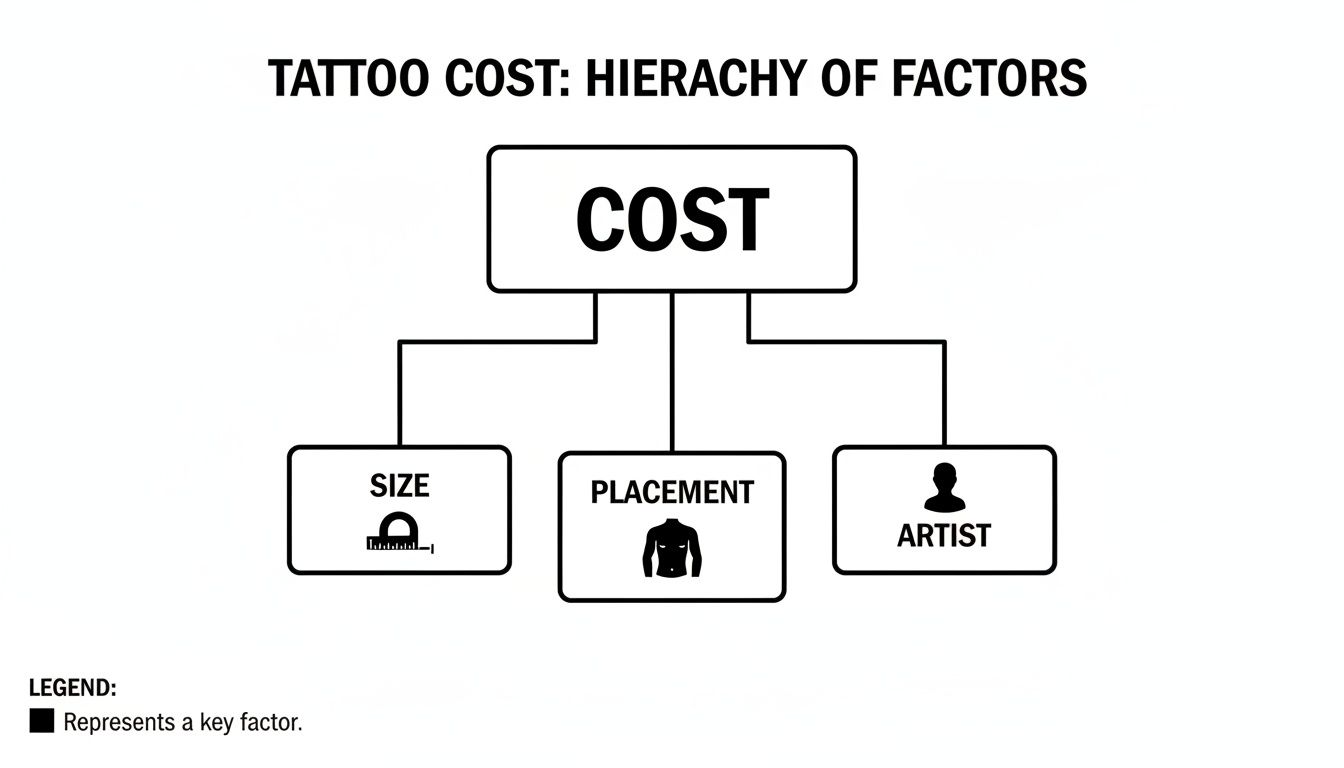 A flowchart illustrating the hierarchy of factors that determine tattoo cost, including size, placement, and the artist.