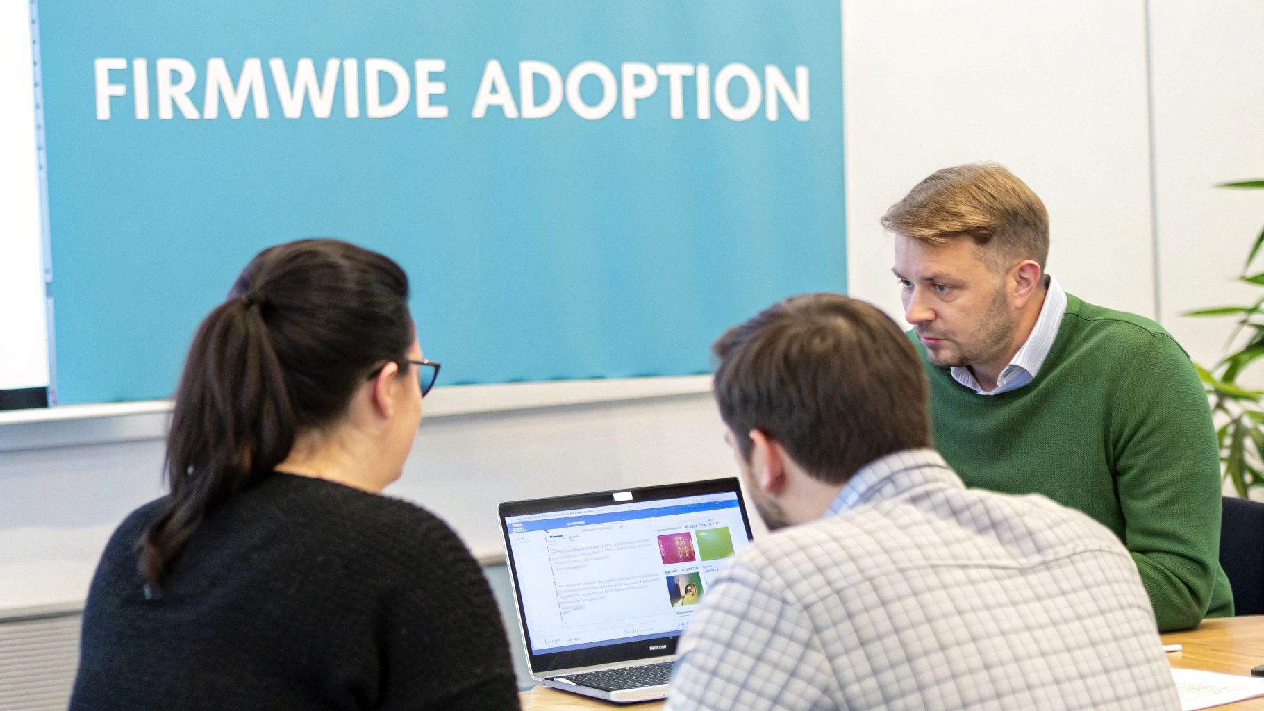 Three professionals collaborate around a laptop in a meeting room, with a 'FIRMWIDE ADOPTION' banner.