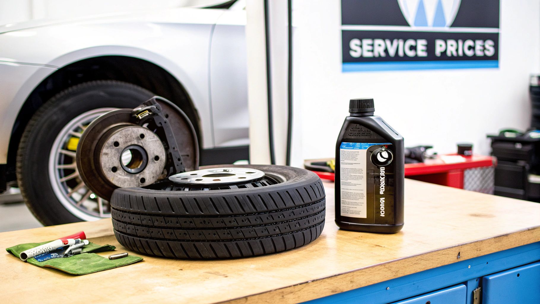 Car in a garage with a wheel removed, brake components, tire, and fluid bottle on a workbench.