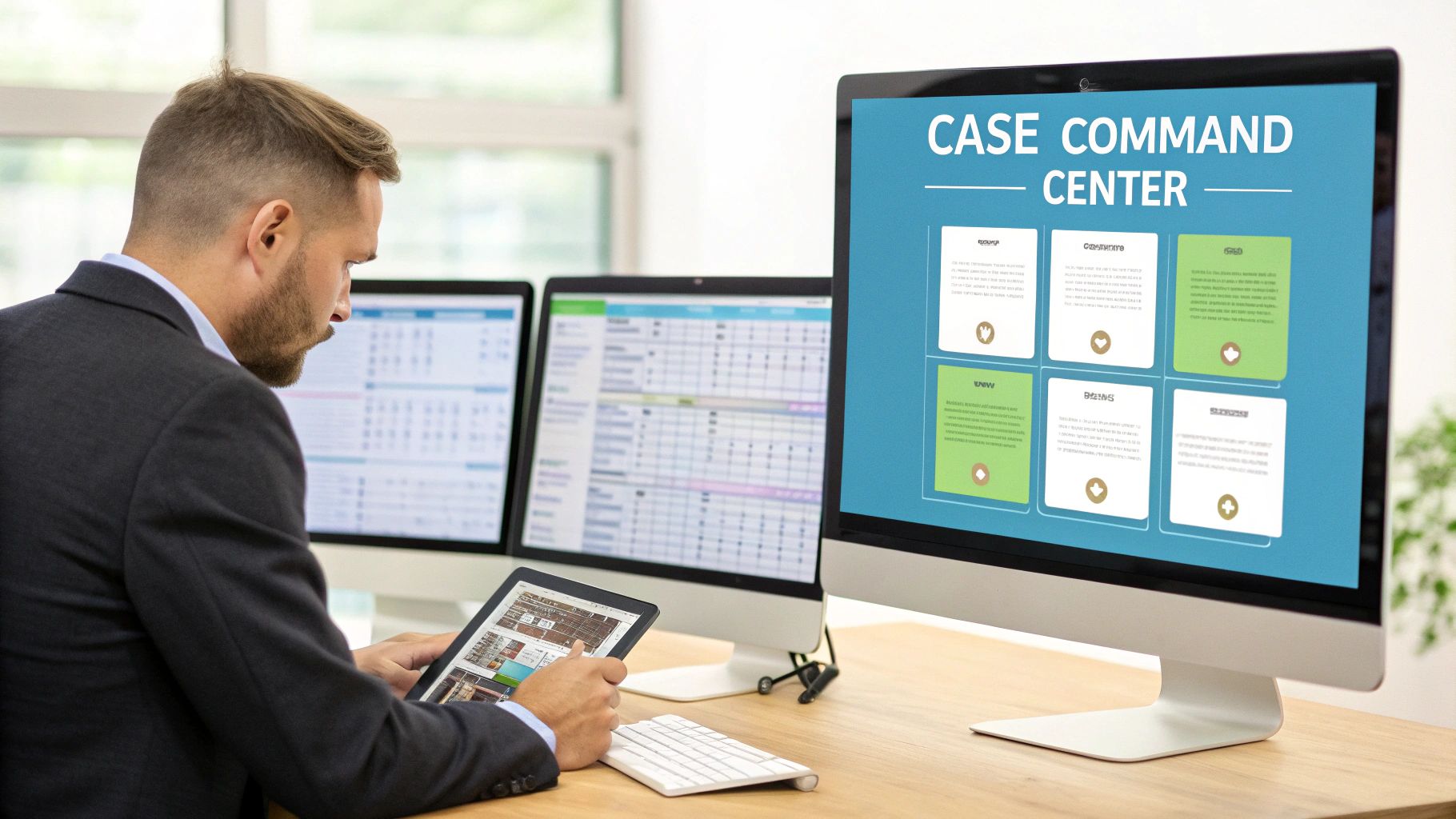 Professional managing cases using a tablet and multiple computer monitors displaying a 'Case Command Center' dashboard.