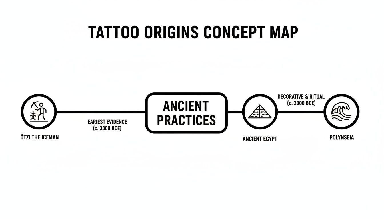 A concept map illustrating the historical origins of tattoos, from Ötzi the Iceman to ancient Egypt and Polynesia.