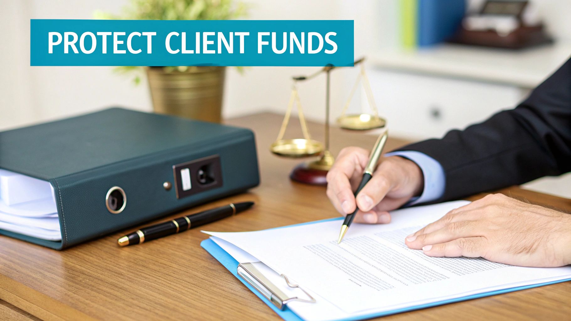 A professional signs legal documents on a desk with a scale of justice and binder, featuring text 'PROTECT CLIENT FUNDS'.