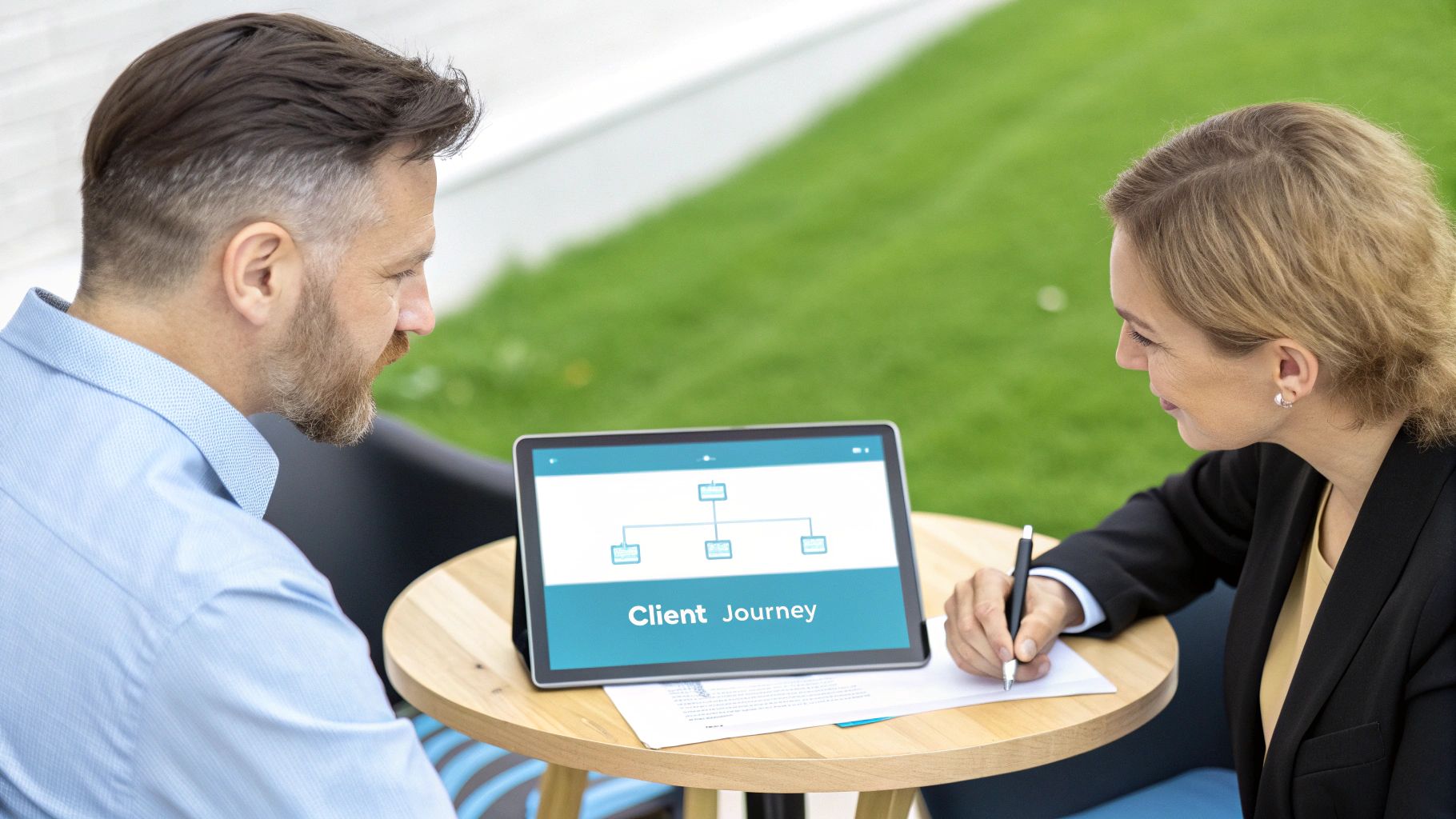 Two professionals collaborating outdoors, looking at a tablet displaying a "Client Journey" diagram.