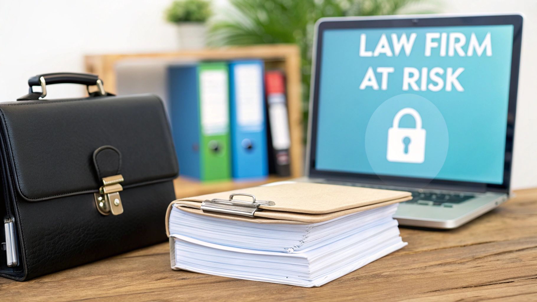 A laptop displays 'LAW FIRM AT RISK' and a padlock, beside a briefcase and legal documents.