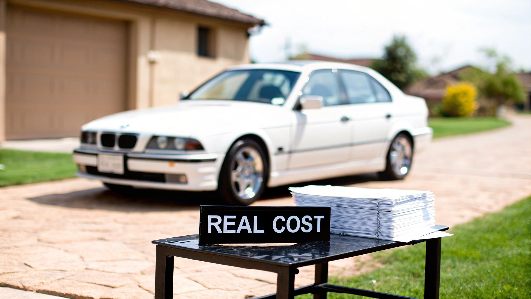 A white BMW car parked in a driveway with a table in front, holding a 'REAL COST' sign and a stack of papers.