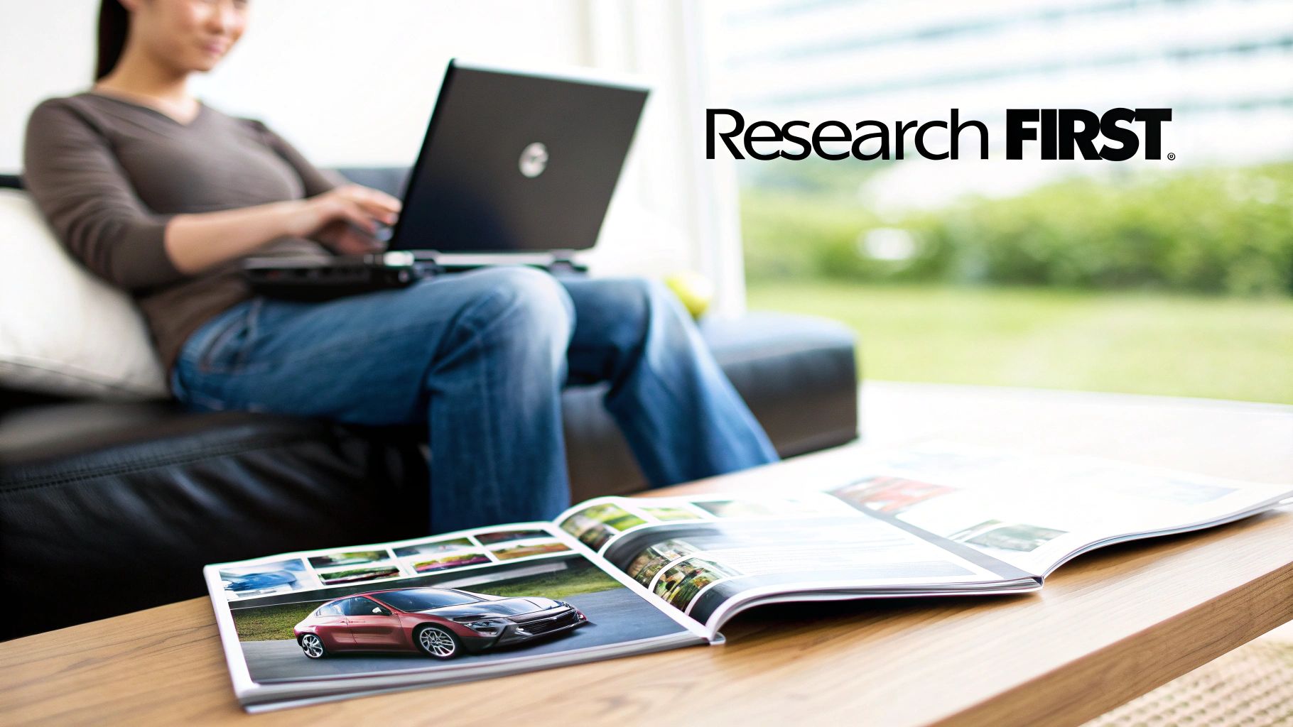 A person uses a laptop on a couch, with an open car magazine on a wooden table.