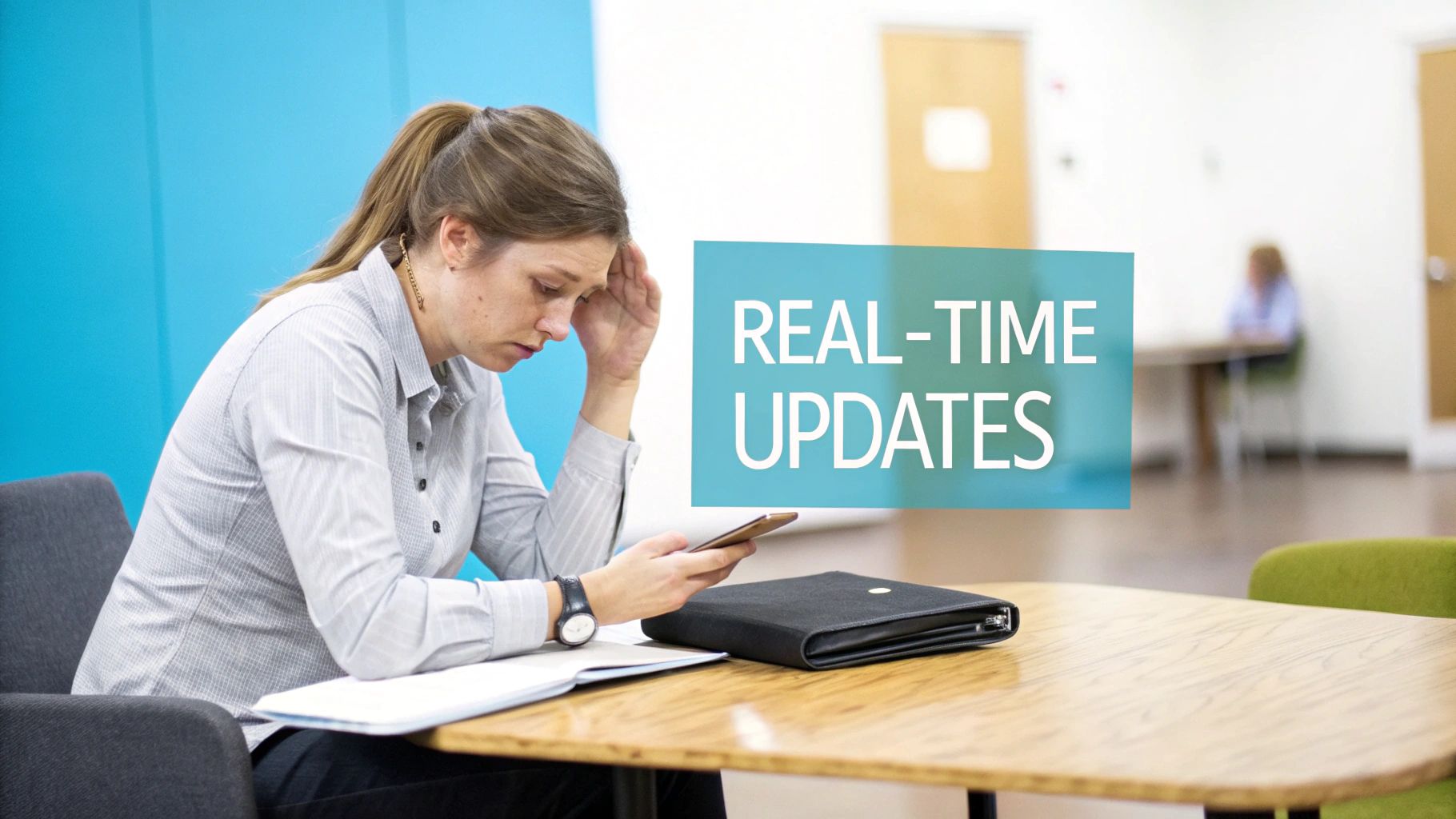 A distressed woman with a ponytail uses her phone at a table, with a 'REAL-TIME UPDATES' overlay.