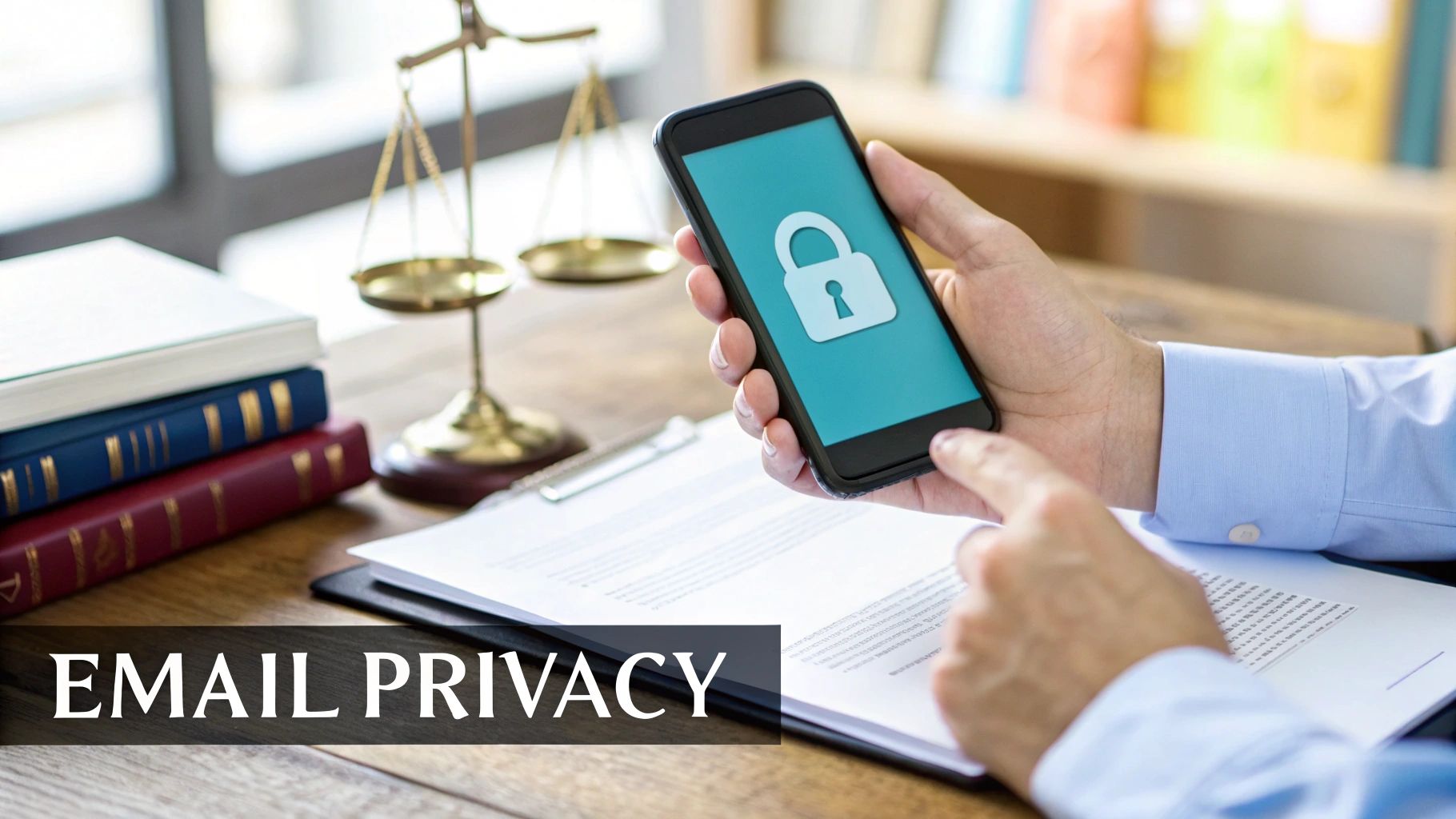 Hand holding a smartphone with a lock icon, symbolizing email privacy for lawyers, with scales of justice and books.
