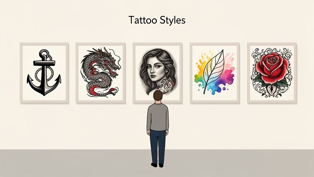 A man stands observing five framed examples of various tattoo styles on a wall.