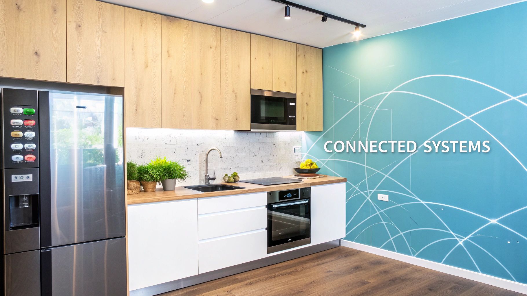 A modern kitchen featuring light wood cabinets, stainless steel appliances, and a teal wall with "CONNECTED SYSTEMS".