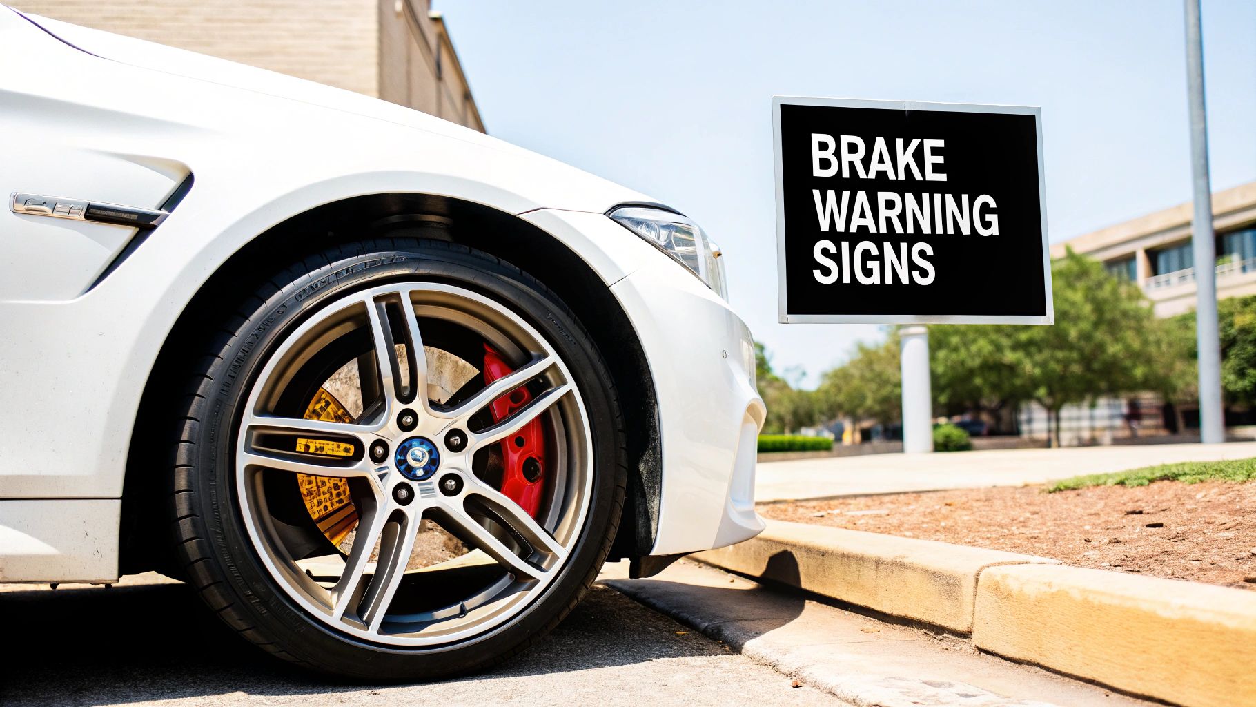 A white sports car's front wheel with red brake calipers and gold rotors, next to a sign reading 'BRAKE WARNING SIGNS'.