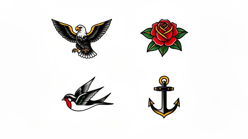 Four classic American traditional tattoo designs: an eagle, a red rose, a swallow bird, and an anchor.