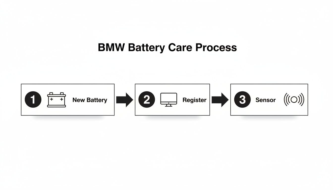 Flowchart illustrating the BMW battery care process, showing new battery installation, registration, and sensor setup.
