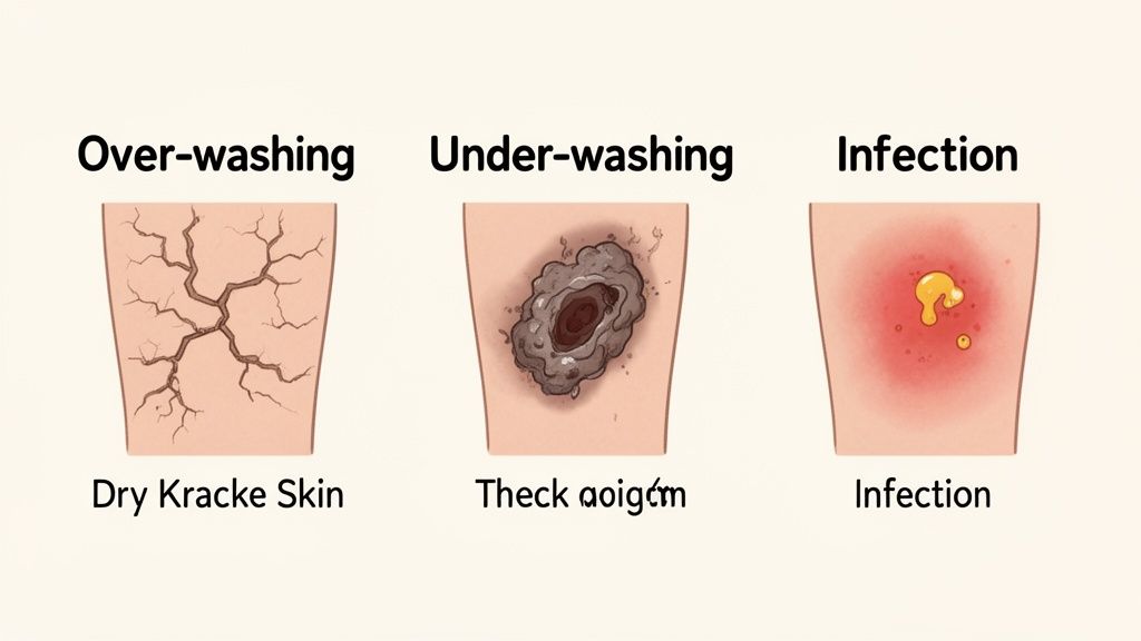Illustration depicting consequences of skin washing: dry cracked skin from over-washing, a wound from under-washing, and infection.
