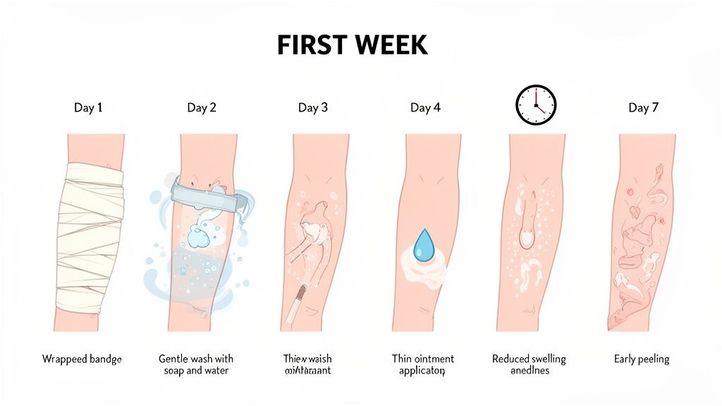 Infographic showing the first week of leg aftercare, illustrating steps from bandaging, washing, to skin peeling.