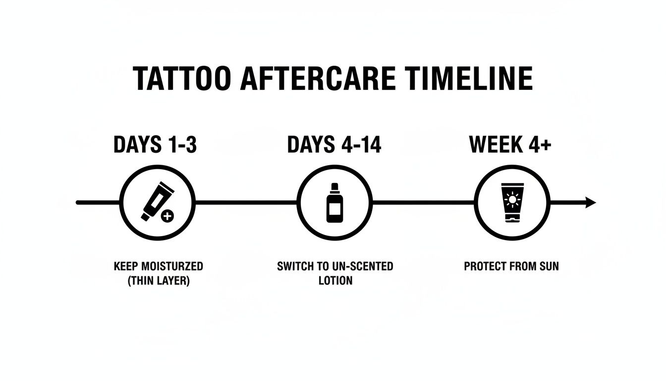 Tattoo aftercare timeline showing steps: moisturizing, unscented lotion, and sun protection over different days.