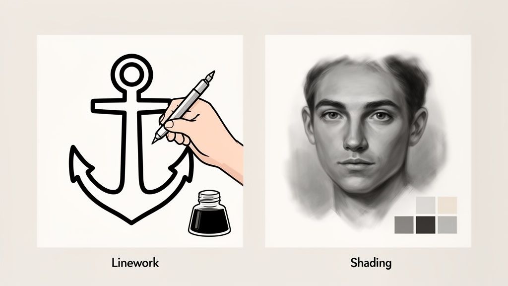Two art styles: linework of an anchor with a hand drawing, and a realistic grayscale portrait with shading.