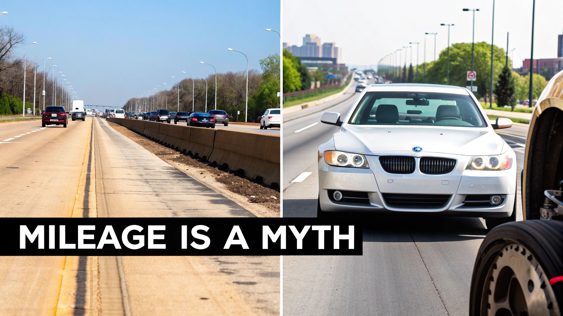 Busy multi-lane highway with traffic on the left, and a silver BMW on a road on the right, with text 'MILEAGE IS A MYTH'.