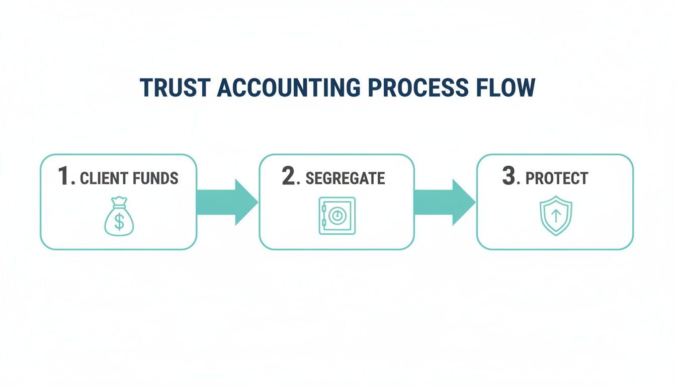 Trust accounting process flow illustrating three steps: client funds, segregate, and protect.