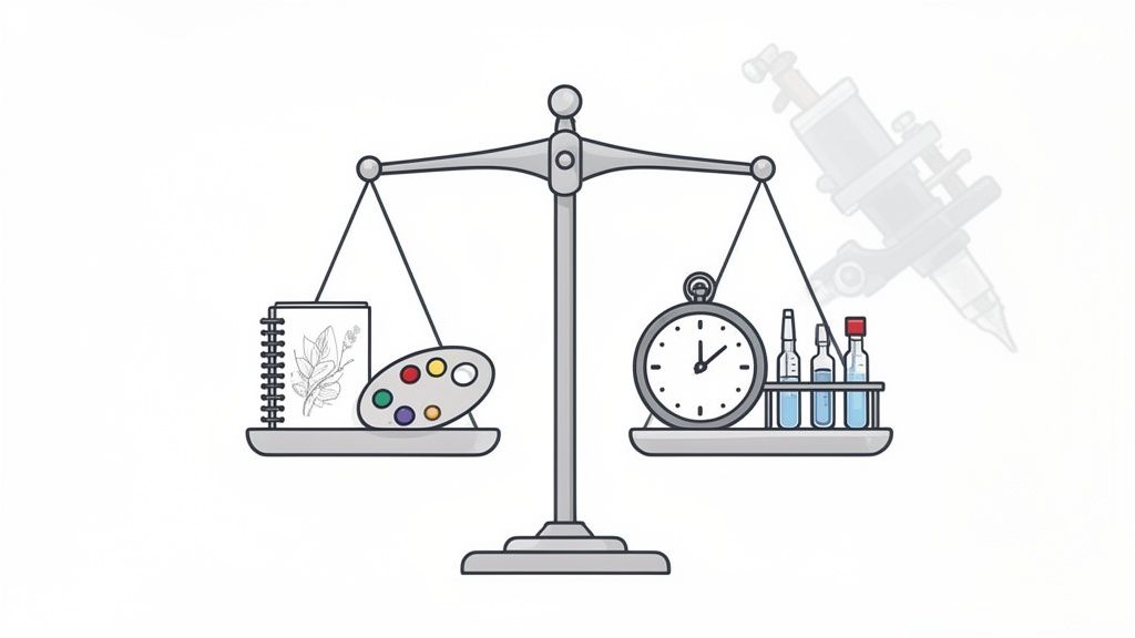 A balance scale weighing artistic tools like a sketchbook and palette against a clock and test tubes.