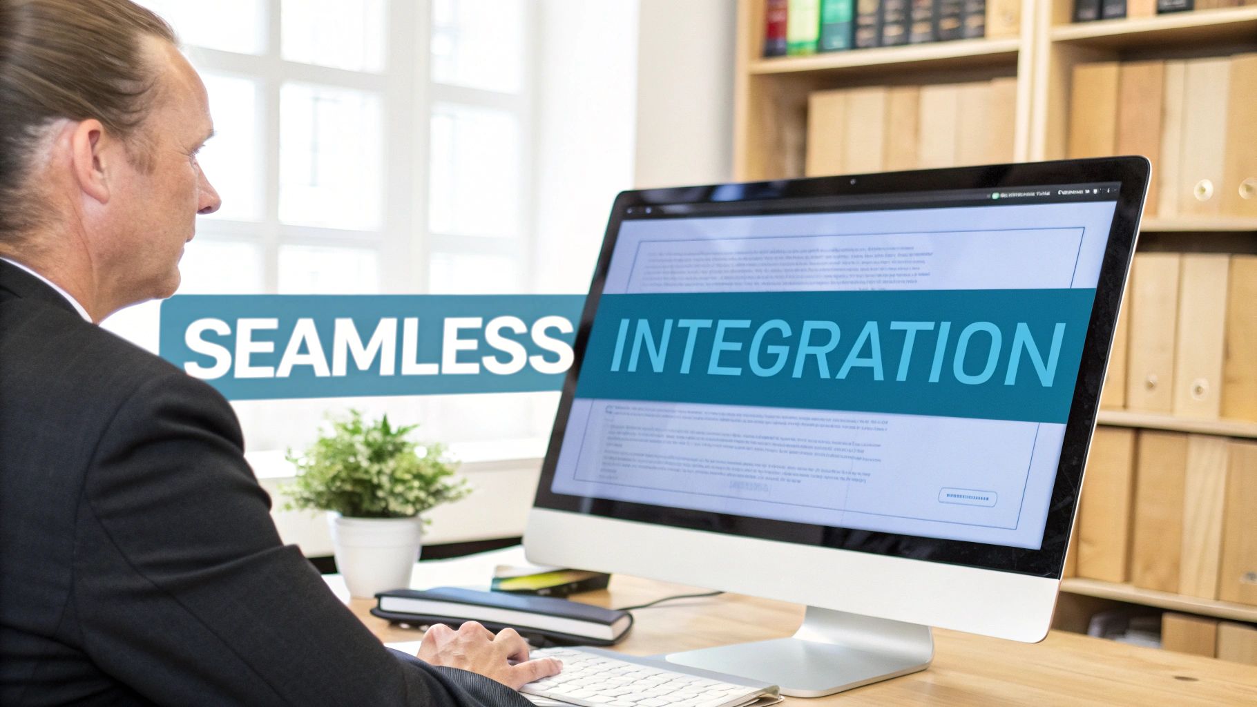 A man in a suit works at a computer screen displaying "Seamless Integration" in a blue banner.