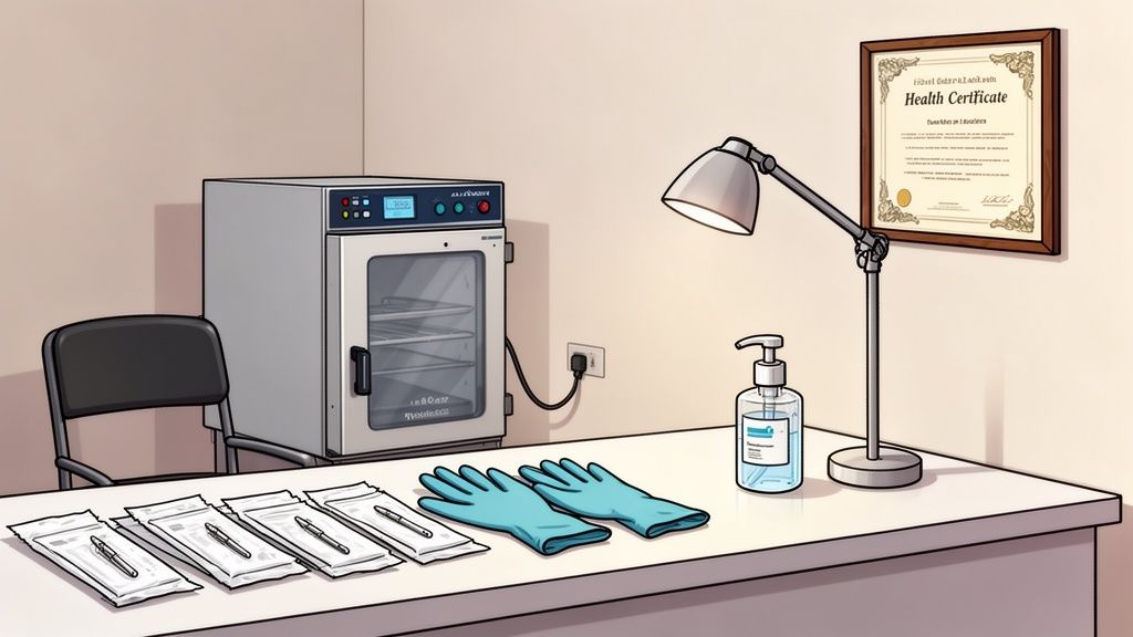 Medical office with sterilizer, chair, desk, wrapped pens, gloves, hand sanitizer, and a health certificate.